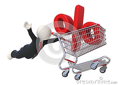3d Guy Flying With Shopping Cart And Percent