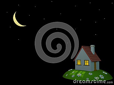 3d house on a hill. Night sky