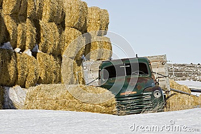 Abandoned Green Farm Truck with hay
