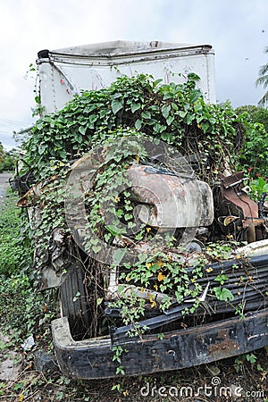 Abandoned truck wreck and train wagon at Quirigua