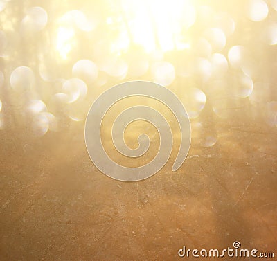 Abstract photo of light burst among trees and glitter bokeh lights. filtered image and textured