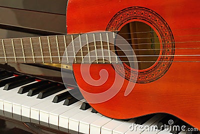 Acoustic guitar on piano keyboard