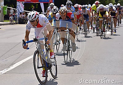 Action scene during the race, with cyclists competing for Road Grand Prix event, a high-speed circuit race in Ploiesti-Romania