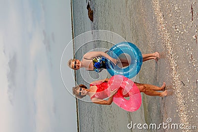 Active older women at beach