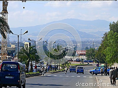 ADDIS ABABA, ETHIOPIA - NOVEMBER 25, 2008: Settlement. Busy road