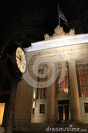 The Adirondack Trust Co. bank,lit up at night,downtown Saratoga Springs,New York,Winter,2014