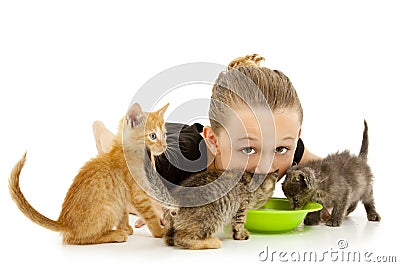 Adorable Girl Child Sharing Kitten s Milk Bowl