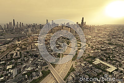 Aerial highway view against Chicago skyline