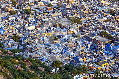 Aerial of Jodhpur, the Blue City due to the blue-painted houses