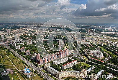 Aerial view of modern apartment blocks built in European city.
