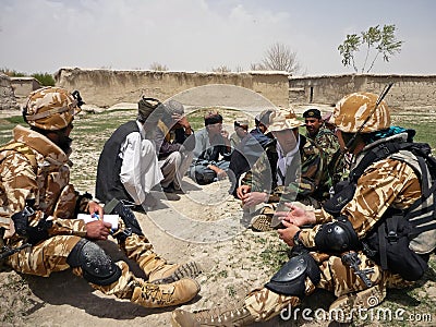 Afghan military officer interrogating locals