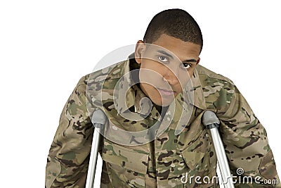 African American Military Man on Crutches