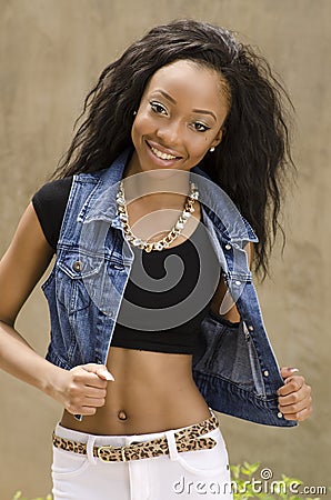 African American woman wearing denim jacket