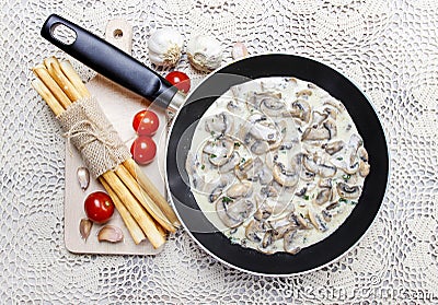 Agaricus mushroom sauce in frying pan