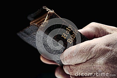 Aged Man Hands Holding Old Antique Holy Bible Book