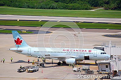 Air Canada plane with busy grounds crew