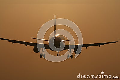 Aircraft landing in the sunset