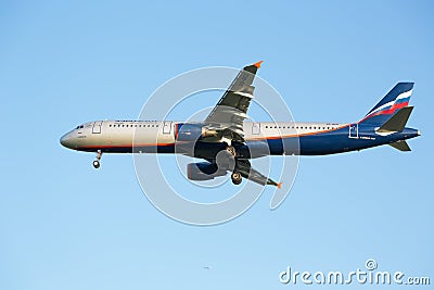 The airline Airbus A321 plane Aeroflot sits down at the Sheremetyevo airport