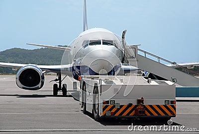 Airplane Is Being Serviced in Airport.