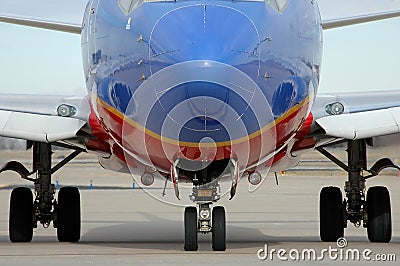 Airplane close up showing landing gear