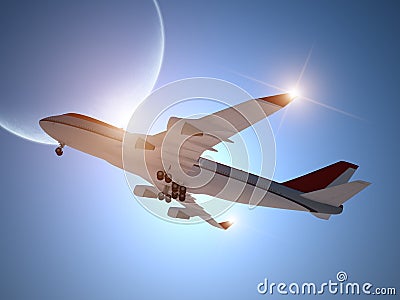 Airplane Taking off with Moon in the Sky