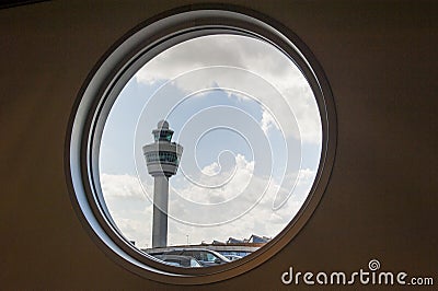 Airport command tower in see through window
