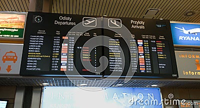 Airport Departures Board in Krakow airport