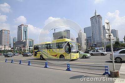 Airport shuttle bus running through Tianfu Square