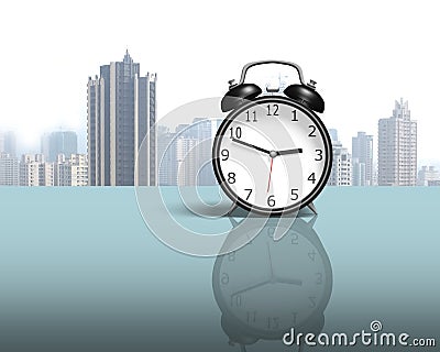 Alarm clock on glass table with city view