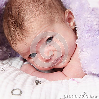 Alert Newborn Baby Lying on Blanket