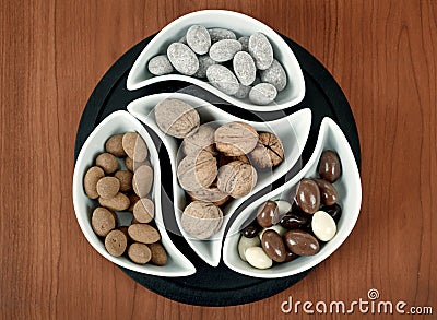 Almonds in chocolate and walnuts