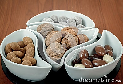 Almonds in chocolate and walnuts