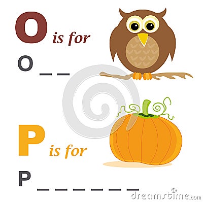 Alphabet word game: owl and pumpkin