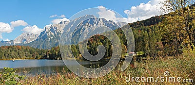 Alpine lake lautersee and karwendel mountains in autumn