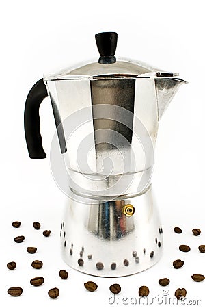 Aluminum Espresso Coffee Maker With Coffee Beans Royalty Free Stock Photos - Image: 21517798