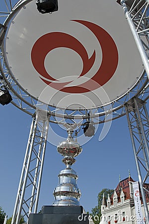 America s Cup Trophy under Alinghi logo