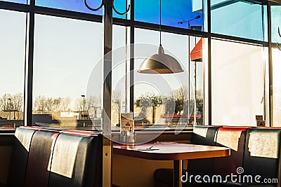 American diner interior at sundown