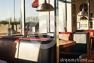 American diner interior at sundown