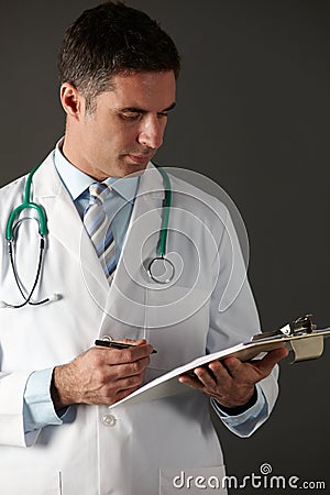 American doctor with clipboard and stethoscope