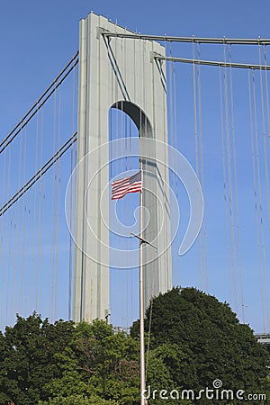 American flag in the front of Verrazano Bridge in Staten Island
