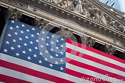 An American flag hangs on the front of the New York Stock Exchange building