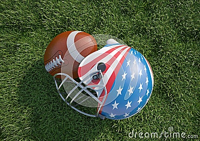 American football helmet decorated as US flag and ball, on the grass.