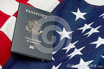An American passport on an American flag