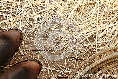 American West Rodeo Cowboy Boots and Lasso on Wood