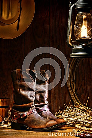 American West Rodeo Cowboy Boots in a Ranch Barn