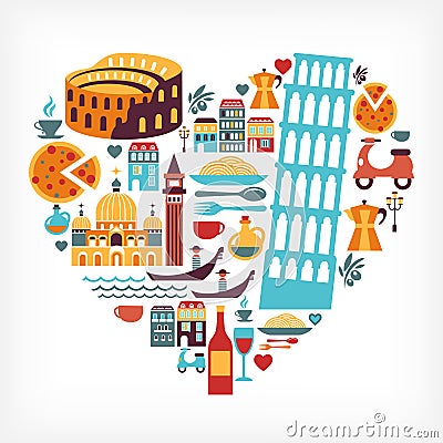 Amor de Italia - dimensión de una variable del corazón con los iconos del vector