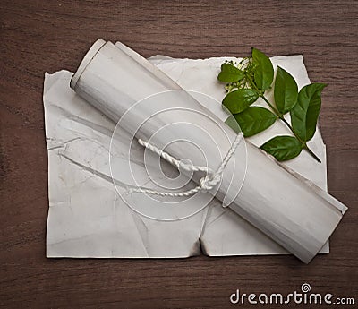 Ancient crumpled paper scroll on wood table with green leaf for background