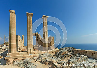 Ancient greek pillars at top of Lindos Acropolis