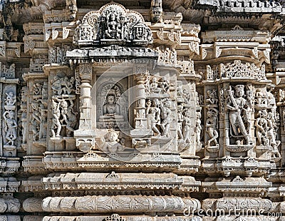 Ancient Sun Temple in Ranakpur. Jain Temple Carving.