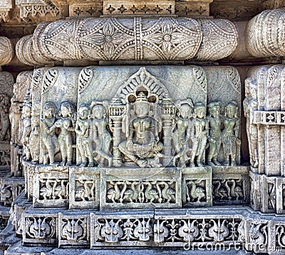 Ancient Sun Temple in Ranakpur. Jain Temple Carving.